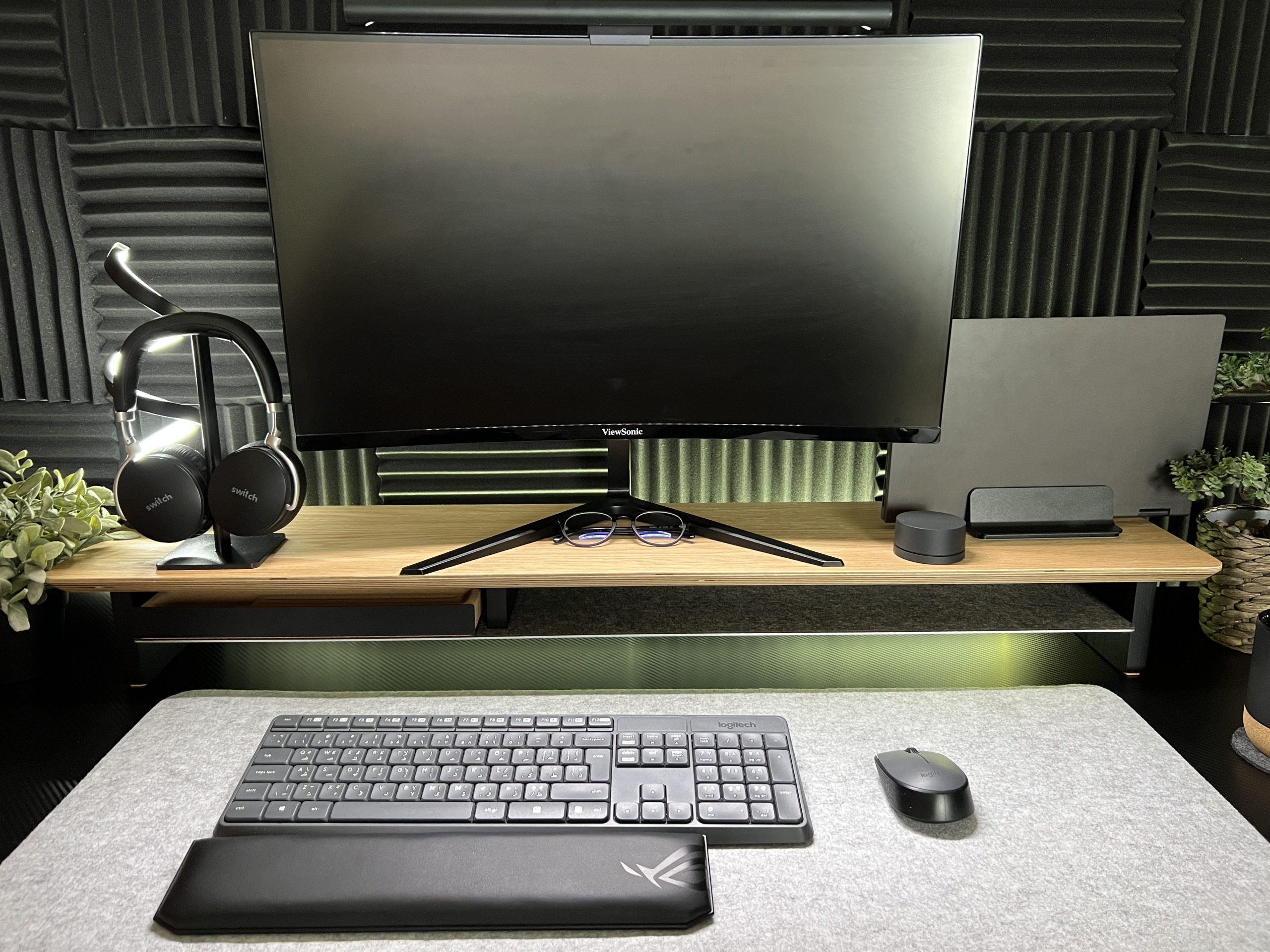 large oak desk shelf setup
