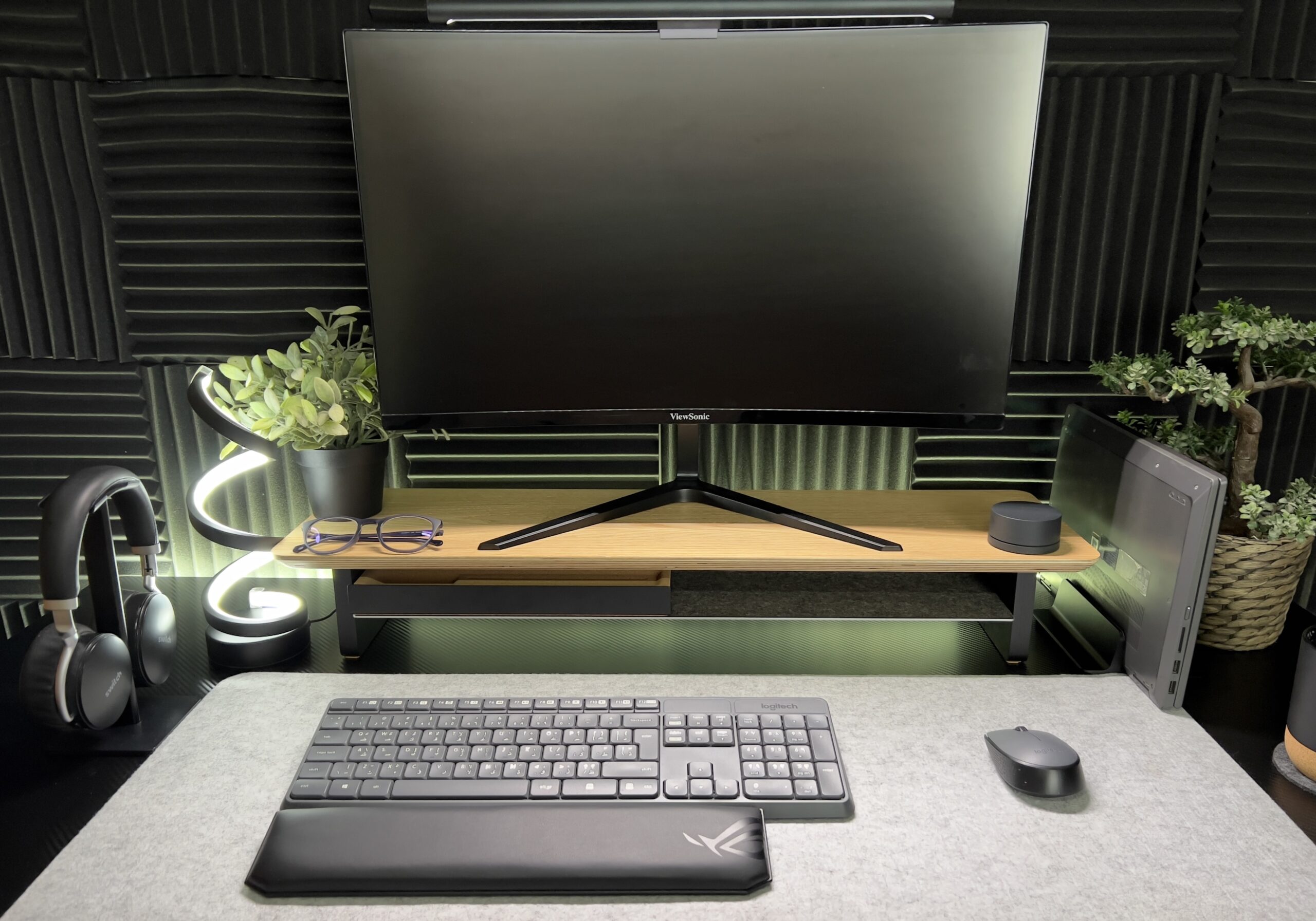 medium oak desk shelf setup